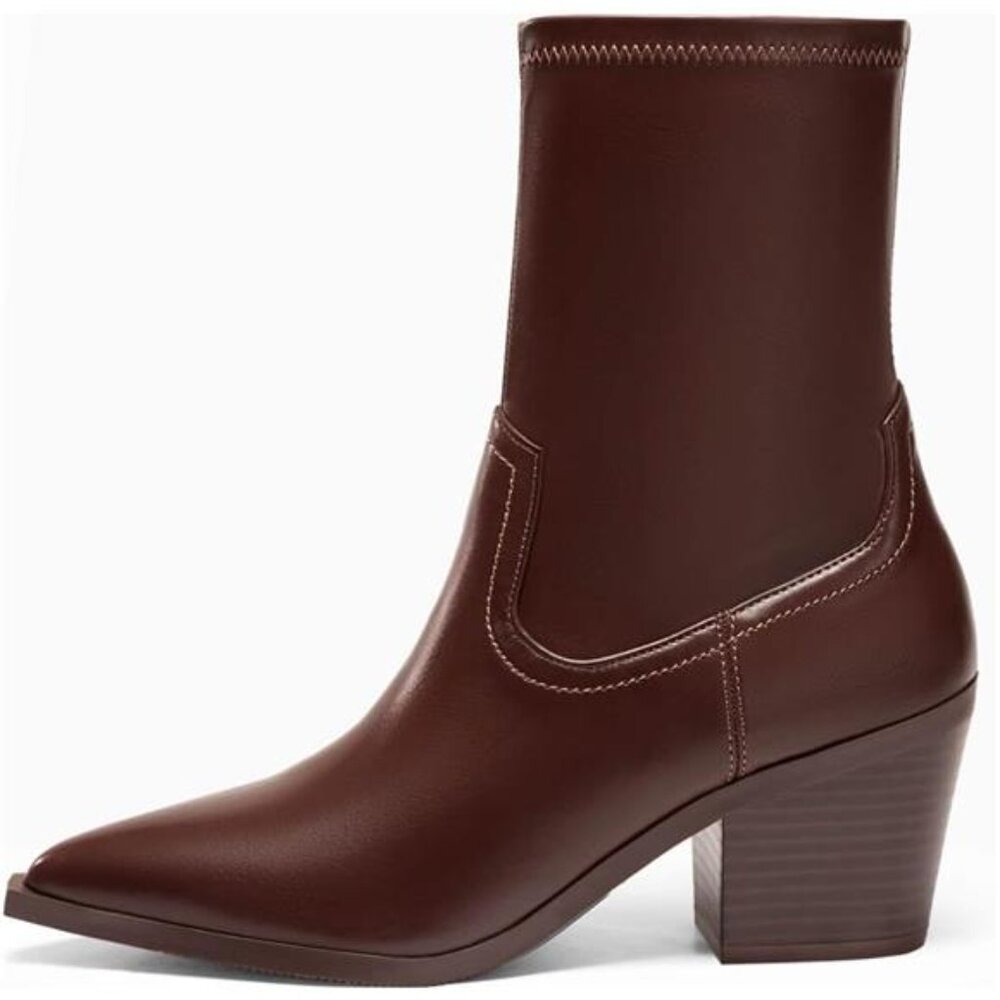 Womens Pointed Toe Ankle Boots Chunky Stacked Heel Side Zipper Leather - Picture 4 of 7